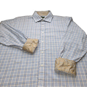 Bristol & Bull Mens XL Blue Plaid Dress Shirt Paisley Contrast Cuff Long Sleeve